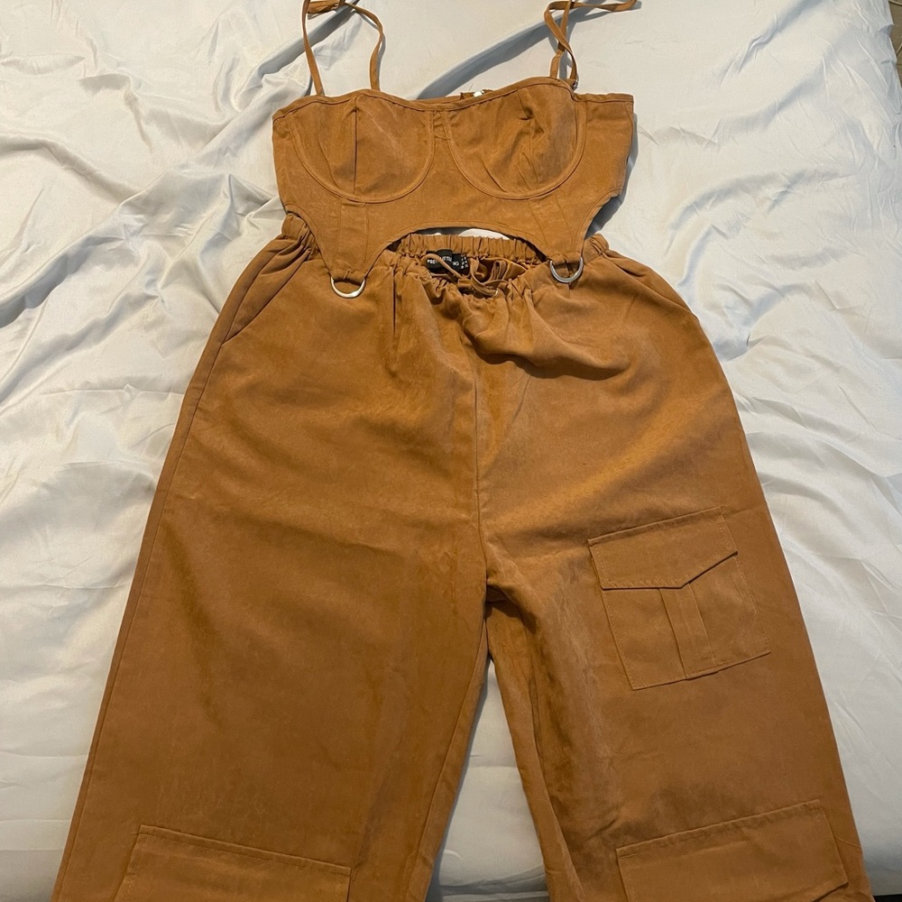 Prettylittlething tan bra and cargo pants set